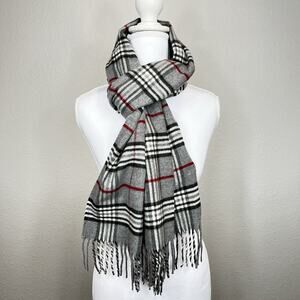 Cashmink‎ by Fraas Made in Germany Acrylic Rectangle Plaid Scarf Fringe Gray Lux